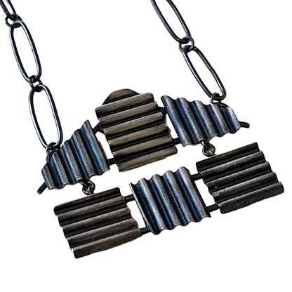 ALISON McDONALD | ‘Belonging Kinetic Corrugated House Necklace’ | Sterling silver & liver of sulphur patina | handmade sterling silver chain