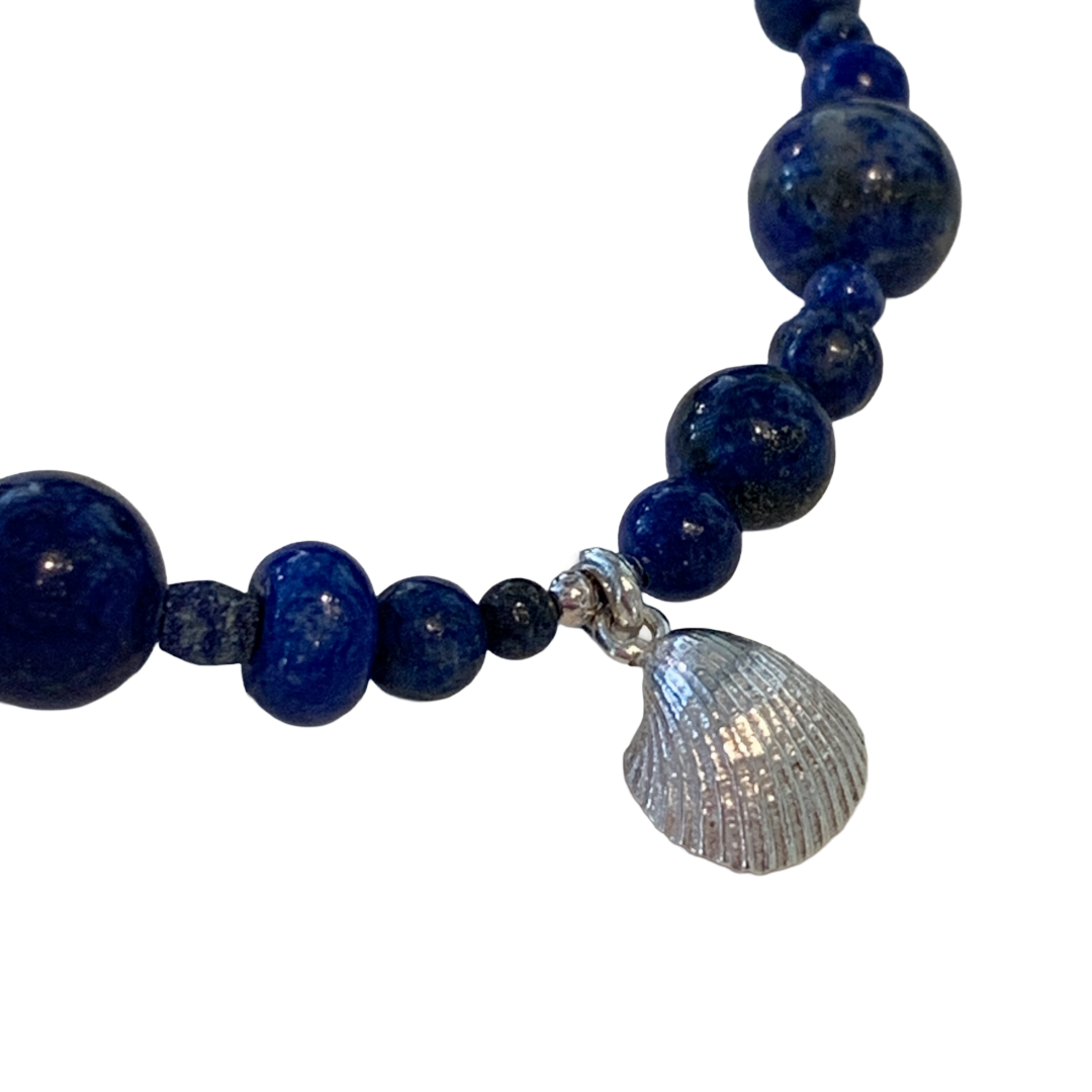 LAURA SCOTT STUDIO | Lapis Lazuli + sterling silver seashell charm Bracelet #2 | 2026 | Lapis Lazuli gemstone Beads – 925 Sterling Silver