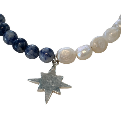LAURA SCOTT STUDIO | Sandcast Wayfinder Star + Sodalitie & Freshwater Pearls & Hand forged catch | 2026 | 925 Sterling silver
