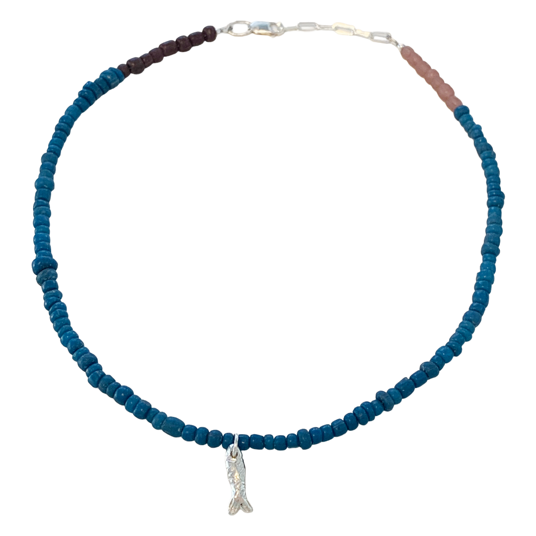 LAURA SCOTT STUDIO | Sandcast fish + Teal Java Glass beads | 2026 | 925 Sterling Silver