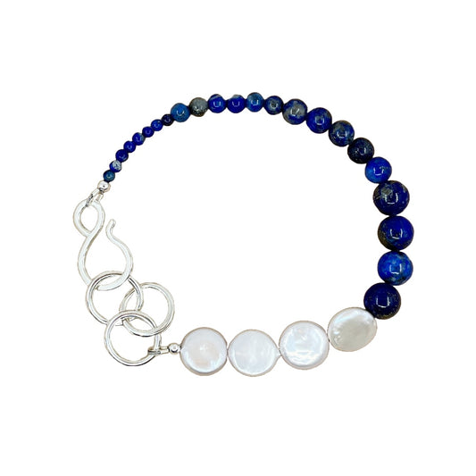 LAURA SCOTT HANDMADE JEWELLERY | ‘Coin Pearl + Lapis Lazuli Gemstone Bracelet’ | 925 Sterling Silver | 23 cm length