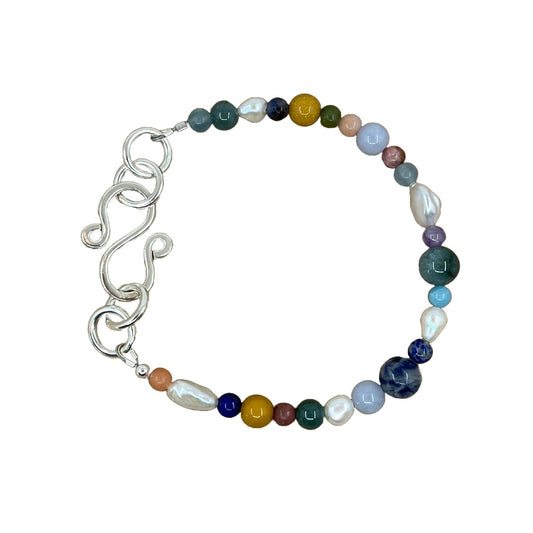 LAURA SCOTT HANDMADE JEWELLERY | ‘Mixed Gemstone + Pearl Bracelet’ | 925 Sterling Silver / “S” catch