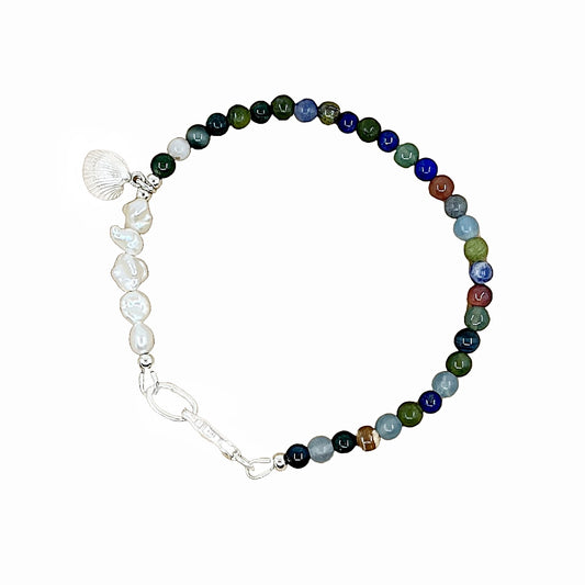 LAURA SCOTT HANDMADE JEWELLERY | ‘Mixed Gemstone + Keishi Pearl Cockle Shell Charm’ | 925 Sterling silver