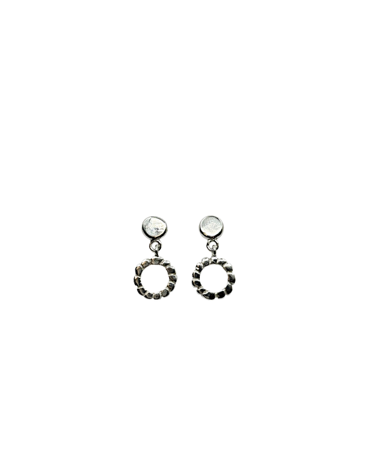 LAURA SCOTT HANDMADE JEWELLERY | 'Sandcast Short Sunburst Loops on Hand forged domes' | 925 Sterling Silver