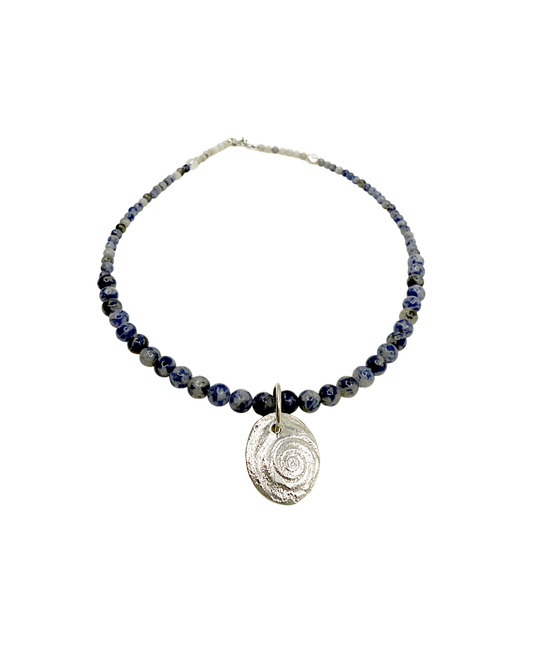 LAURA SCOTT HANDMADE JEWELLERY |  'Spiral Pendant (Sandcast Double-side)' | Sodalite & crazy white lace agate gemstone beads / 925 Sterling Silver / Keishi freshwater pearls