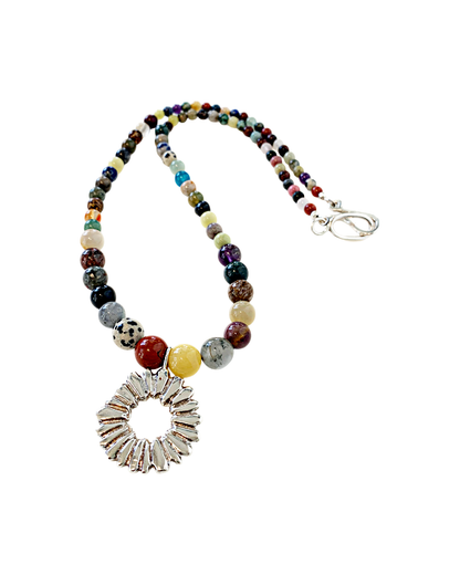 LAURA SCOTT STUDIO | ‘Sandcast Sunburst Necklace’ | Mixed Gemstone Beads | 925 Sterling Silver / Mixed Semi-Precious Gemstones