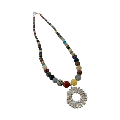 LAURA SCOTT STUDIO | ‘Sandcast Sunburst Necklace’ | Mixed Gemstone Beads | 925 Sterling Silver / Mixed Semi-Precious Gemstones