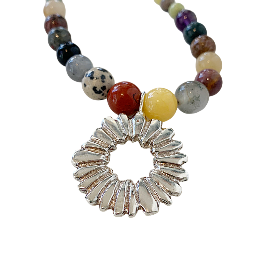 LAURA SCOTT STUDIO | ‘Sandcast Sunburst Necklace’ | Mixed Gemstone Beads | 925 Sterling Silver / Mixed Semi-Precious Gemstones