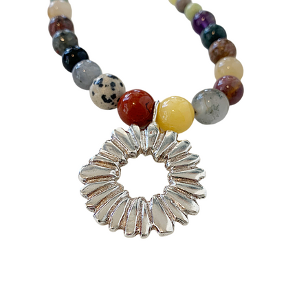 LAURA SCOTT STUDIO | ‘Sandcast Sunburst Necklace’ | Mixed Gemstone Beads | 925 Sterling Silver / Mixed Semi-Precious Gemstones