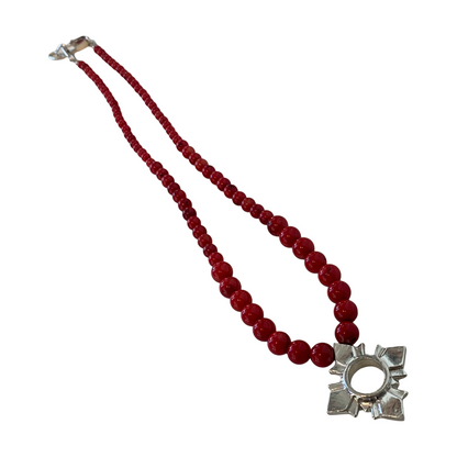 LAURA SCOTT STUDIO | ‘Art Deco Sandcast Sunburst’ | 925 Sterling Silver & Red Coral Beads