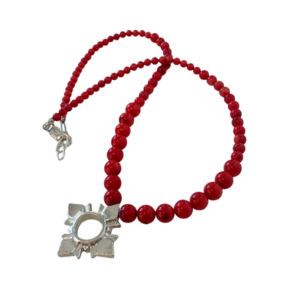 LAURA SCOTT STUDIO | ‘Art Deco Sandcast Sunburst’ | 925 Sterling Silver & Red Coral Beads