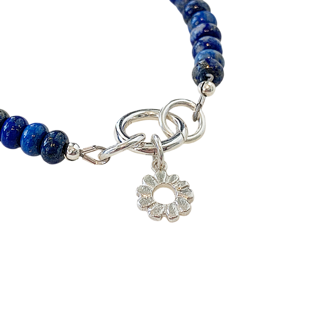 LAURA SCOTT STUDIO | Lapis Lazuli Bracelet with Mini Sunburst charm | Lapis Lazuli Gemstone Beads & 925 Sterling silver |