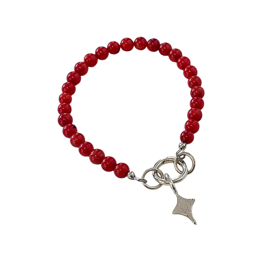 LAURA SCOTT STUDIO | ‘Coral Bead Bracelet’ | Sandcast Star Charm | Coral Beads & 925 Sterling Silver