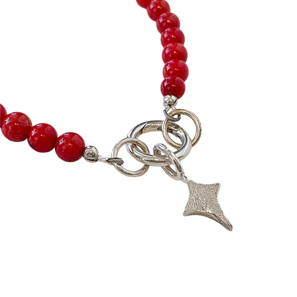 LAURA SCOTT STUDIO | ‘Coral Bead Bracelet’ | Sandcast Star Charm | Coral Beads & 925 Sterling Silver