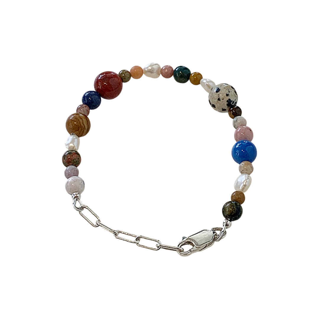 LAURA SCOTT STUDIO | ‘Mixed Gemstone & Pearl bracelet #1’ | Speckled Bead |Mixed Semi- precious gemstone | 925 Sterling Silver