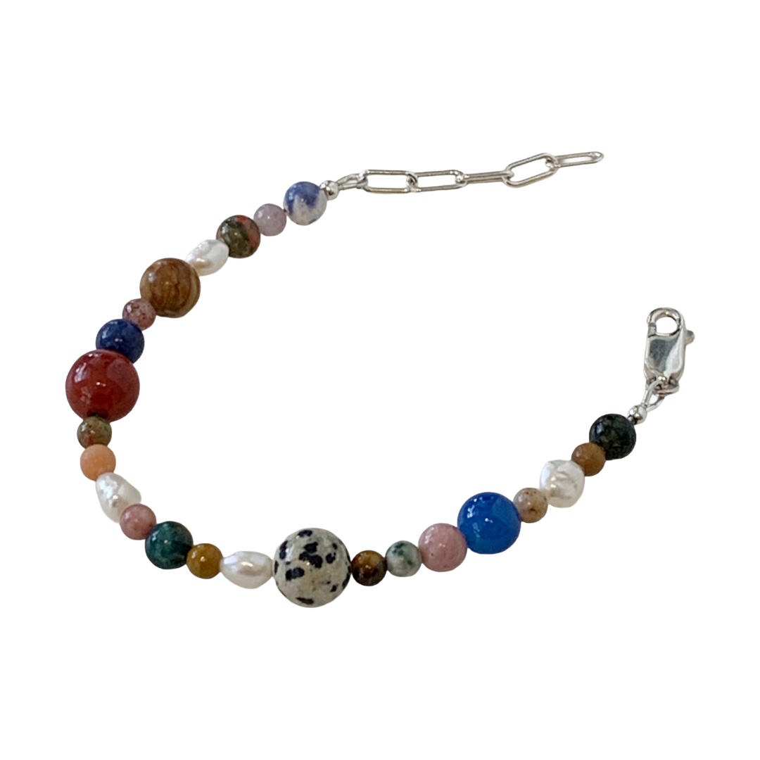 LAURA SCOTT STUDIO | ‘Mixed Gemstone & Pearl bracelet #1’ | Speckled Bead |Mixed Semi- precious gemstone | 925 Sterling Silver
