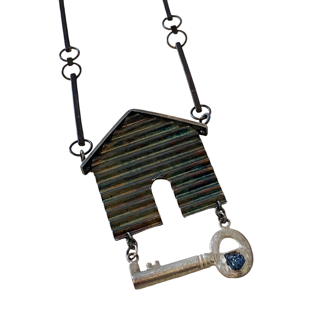ALISON McDONALD | ‘Belonging Latch Key Necklace’ | Corrugated sterling silver pendant and chain | rough sapphire / liver of sulphur patina