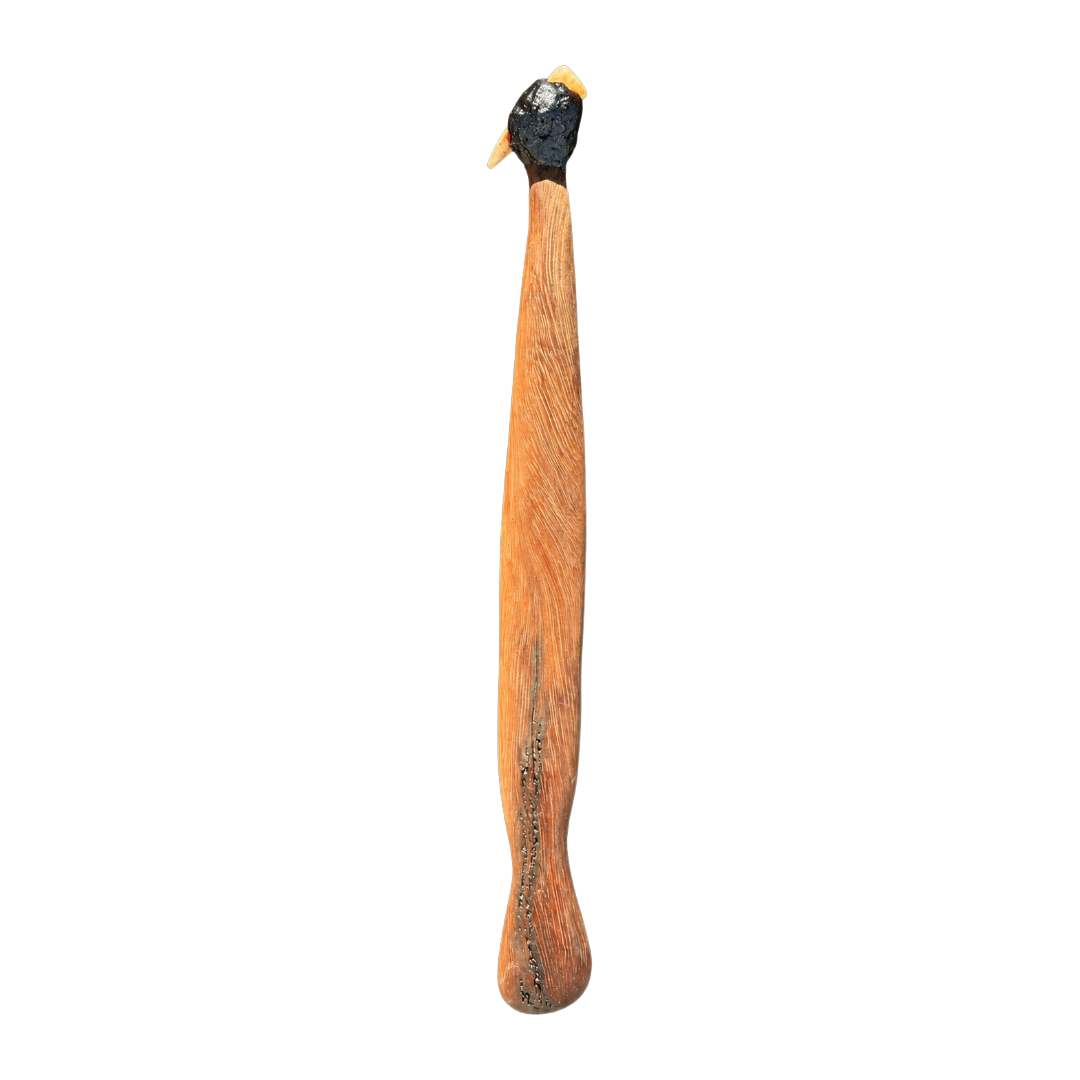 BULBURA CREATIONS | 'Guided by those before me' | Mirrba (Miniature Woomera) | 2026 | Blood Gum (Yarrabah) / Dugong bone / Grass tree resin | 220 x 20 x 10 mm