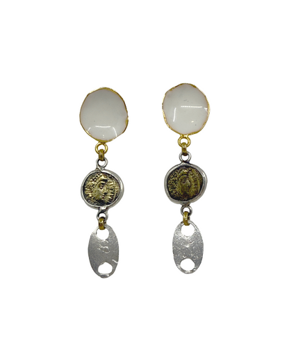 ARTIZ | 'Spring Collection 25 (11)' Earrings | Silver/ bronze / bronze coin/ white enamel