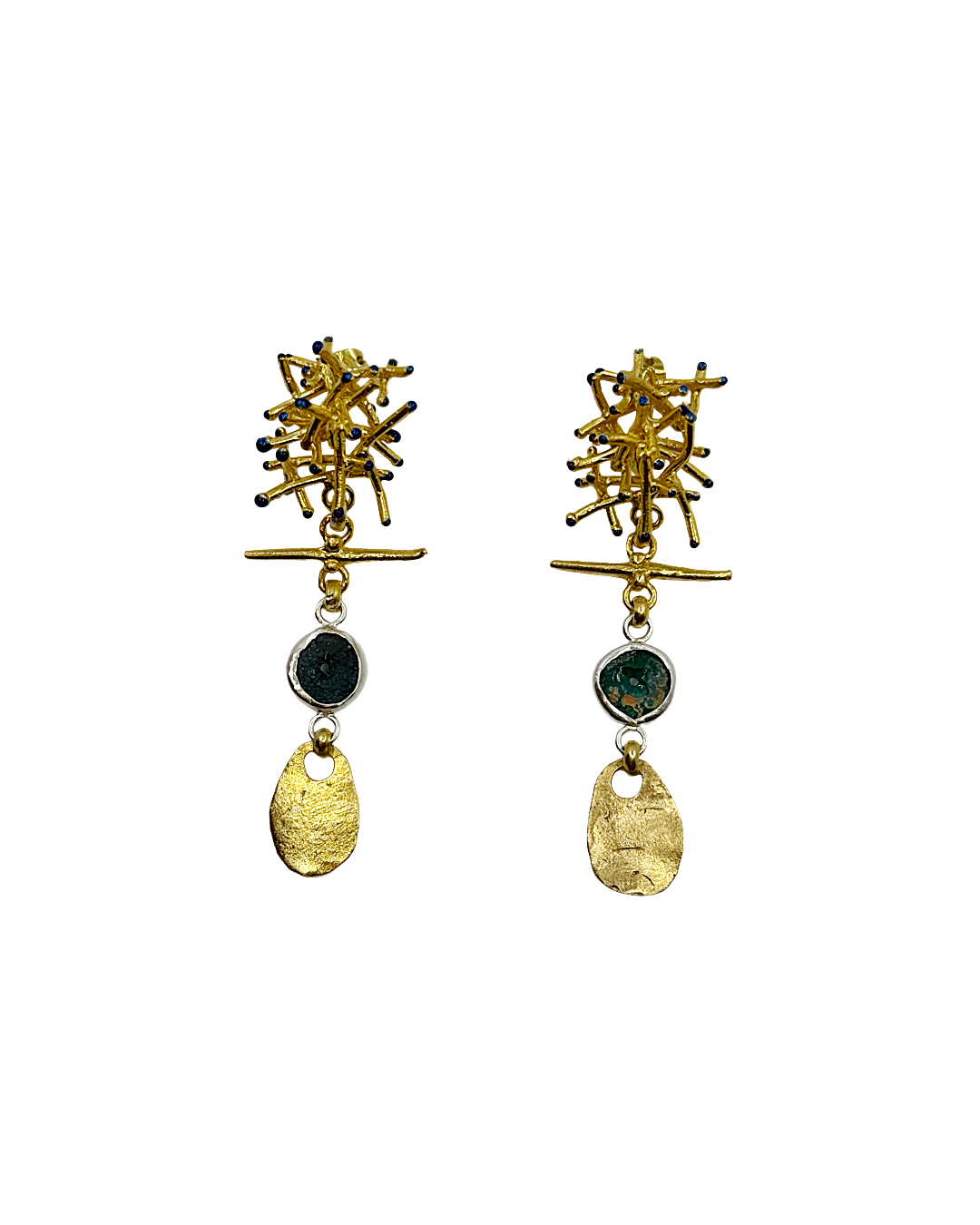 ARTIZ | 'Spring Collection 25 (12)' Earrings | Silver/ bronze / gold plated bronze / green glass / enamel