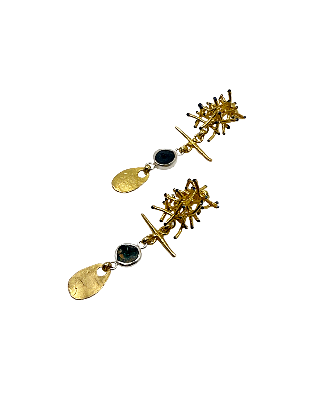 ARTIZ | 'Spring Collection 25 (12)' Earrings | Silver/ bronze / gold plated bronze / green glass / enamel