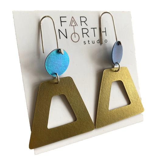 FAR NORTH STUDIO | ‘Circus Earrings’ | Gold + aqua + purple | Titanium and sterling silver