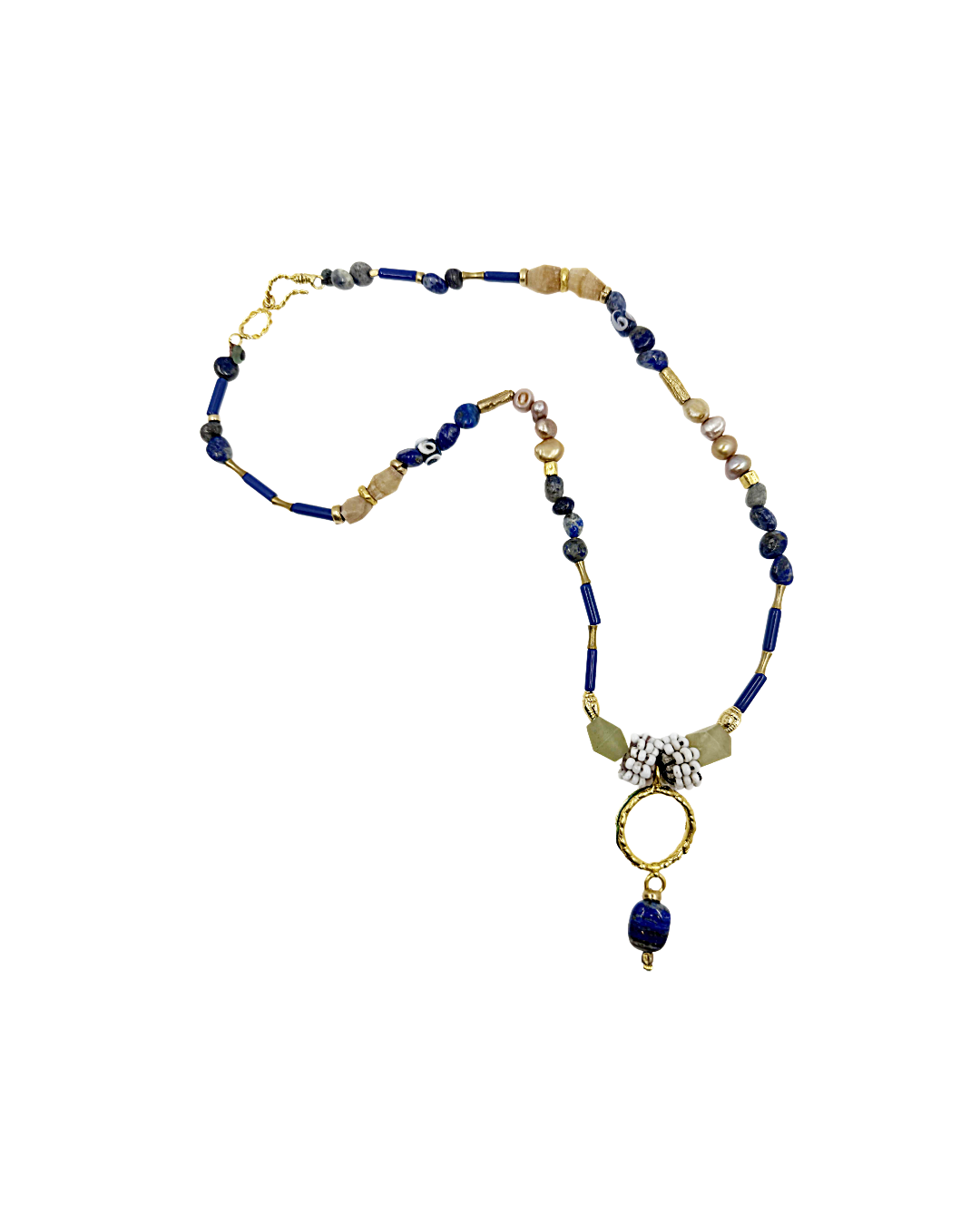 ARTIZ | 'Spring Necklace Collection’ (5) | Lapis lazuli / pearls / brown jade / green jade /antique glass / bronze / handmade beads
