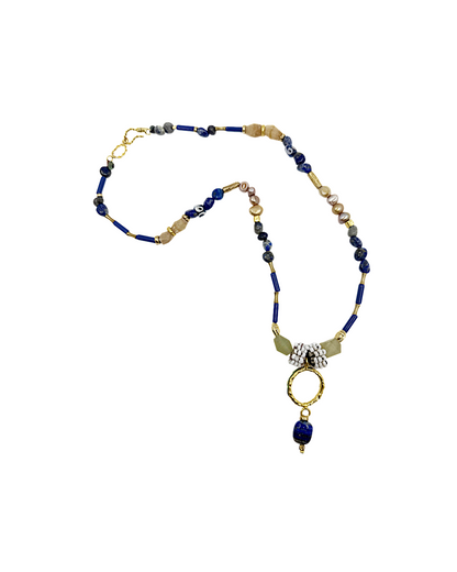 ARTIZ | 'Spring Necklace Collection’ (5) | Lapis lazuli / pearls / brown jade / green jade /antique glass / bronze / handmade beads