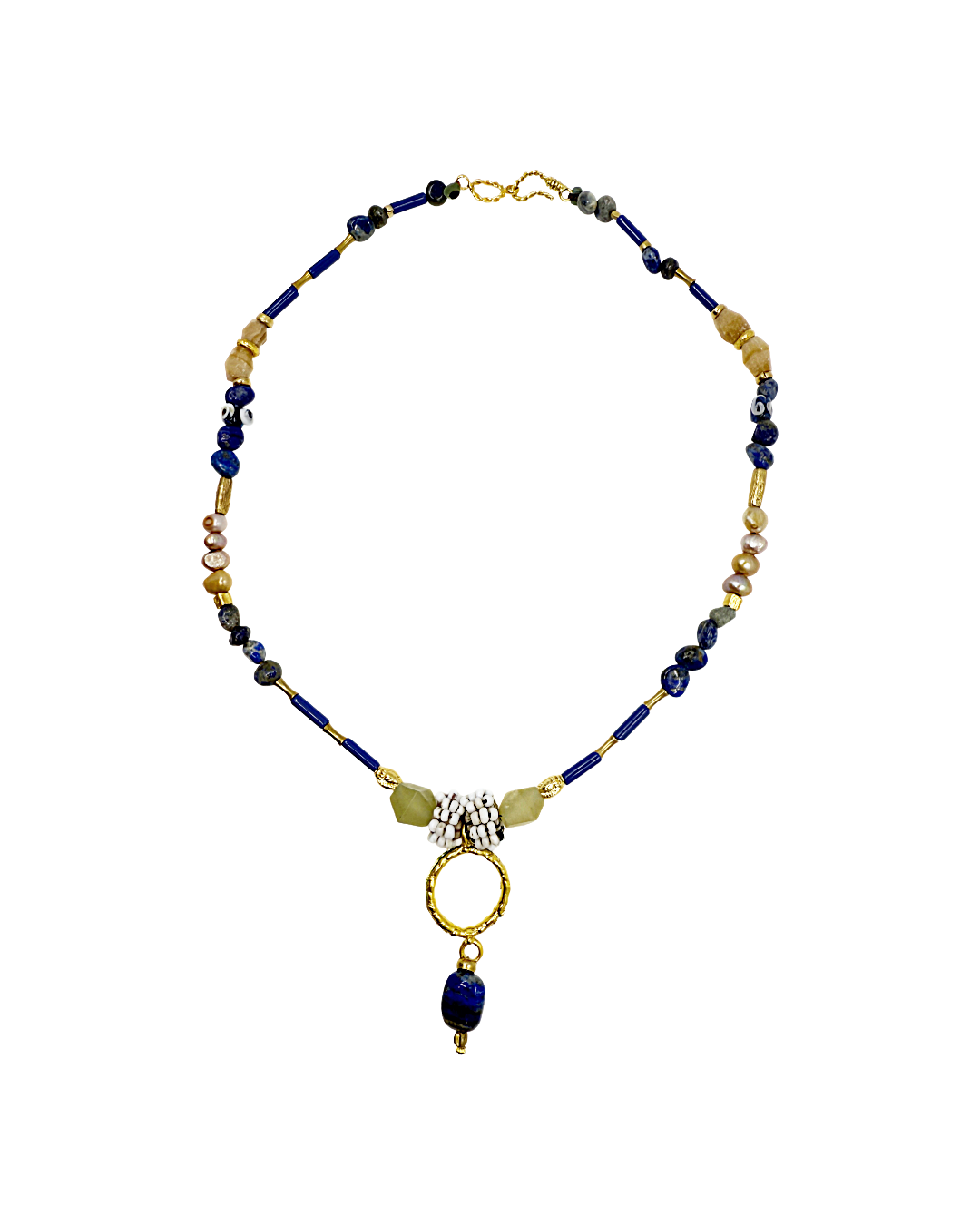 ARTIZ | 'Spring Necklace Collection’ (5) | Lapis lazuli / pearls / brown jade / green jade /antique glass / bronze / handmade beads