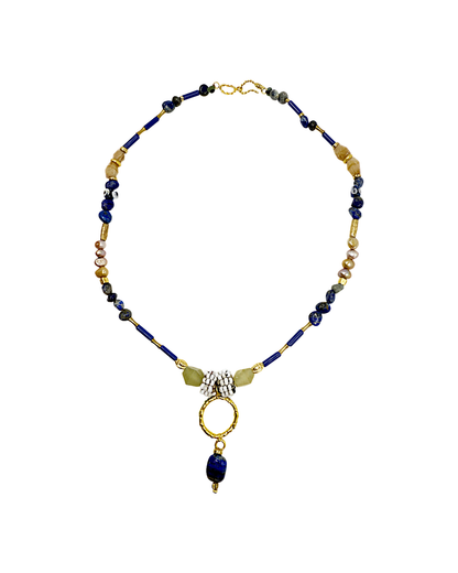 ARTIZ | 'Spring Necklace Collection’ (5) | Lapis lazuli / pearls / brown jade / green jade /antique glass / bronze / handmade beads