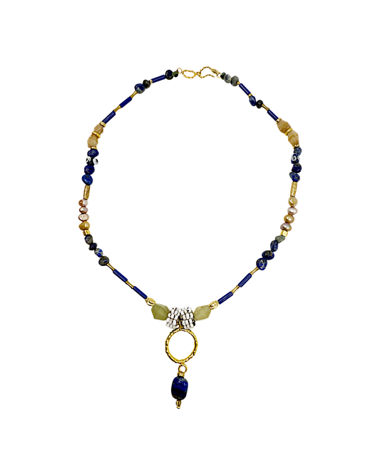 ARTIZ | 'Spring Necklace Collection’ (5) | Lapis lazuli / pearls / brown jade / green jade /antique glass / bronze / handmade beads