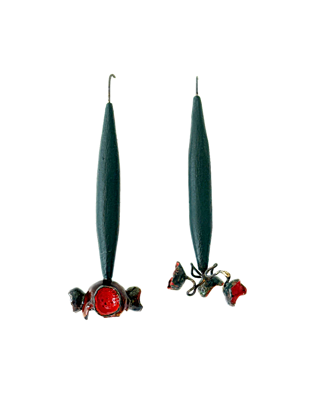 LOIS HAYES DESIGNS | ‘Summer Collection – Red Orbit Earrings’ | Upcycled skirting board / red enamel on copper / oxidised silver