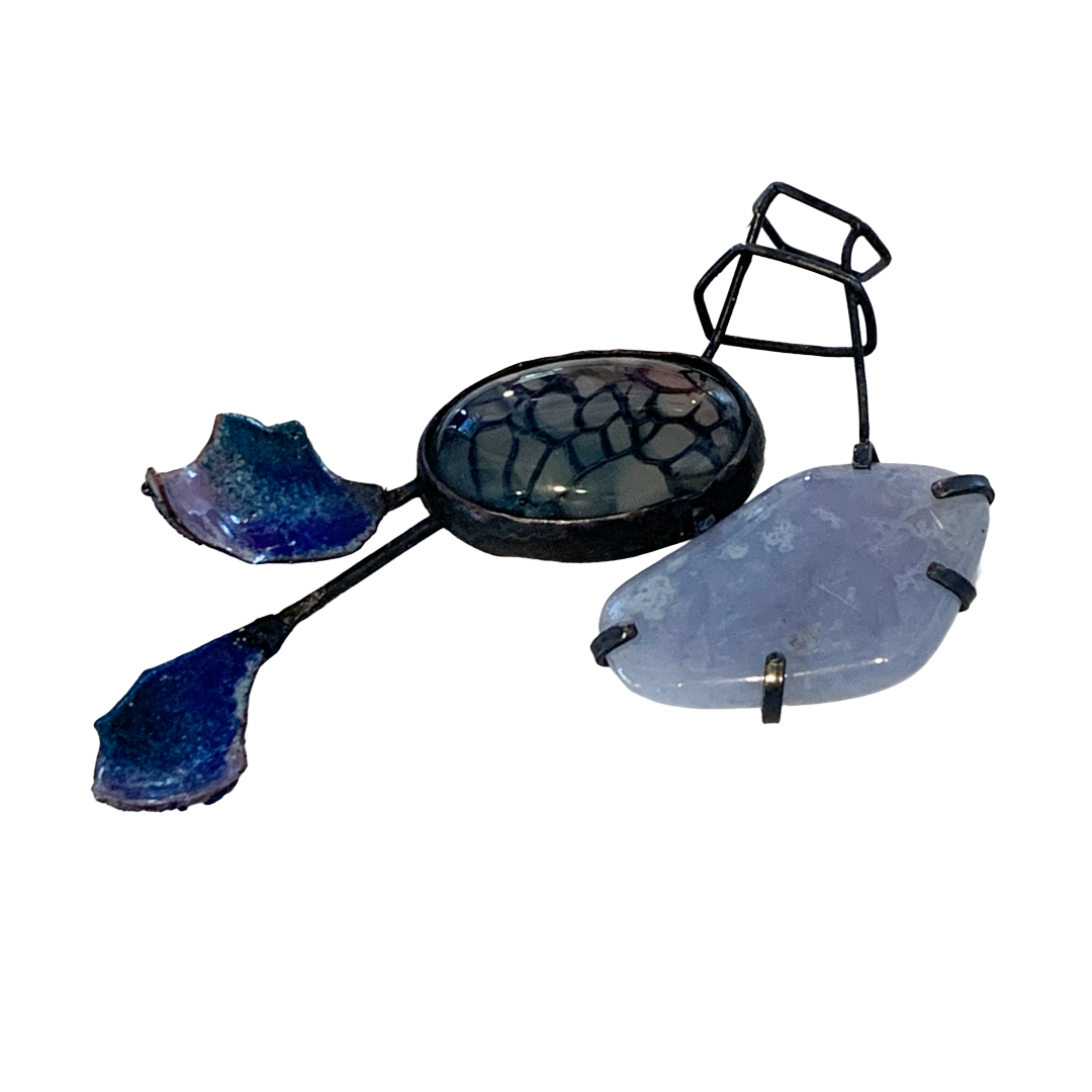 LOIS HAYES | ‘Constructed Brooch’ | blue lace agate + dragon vein agate | enamel on copper / oxidised sterling silver