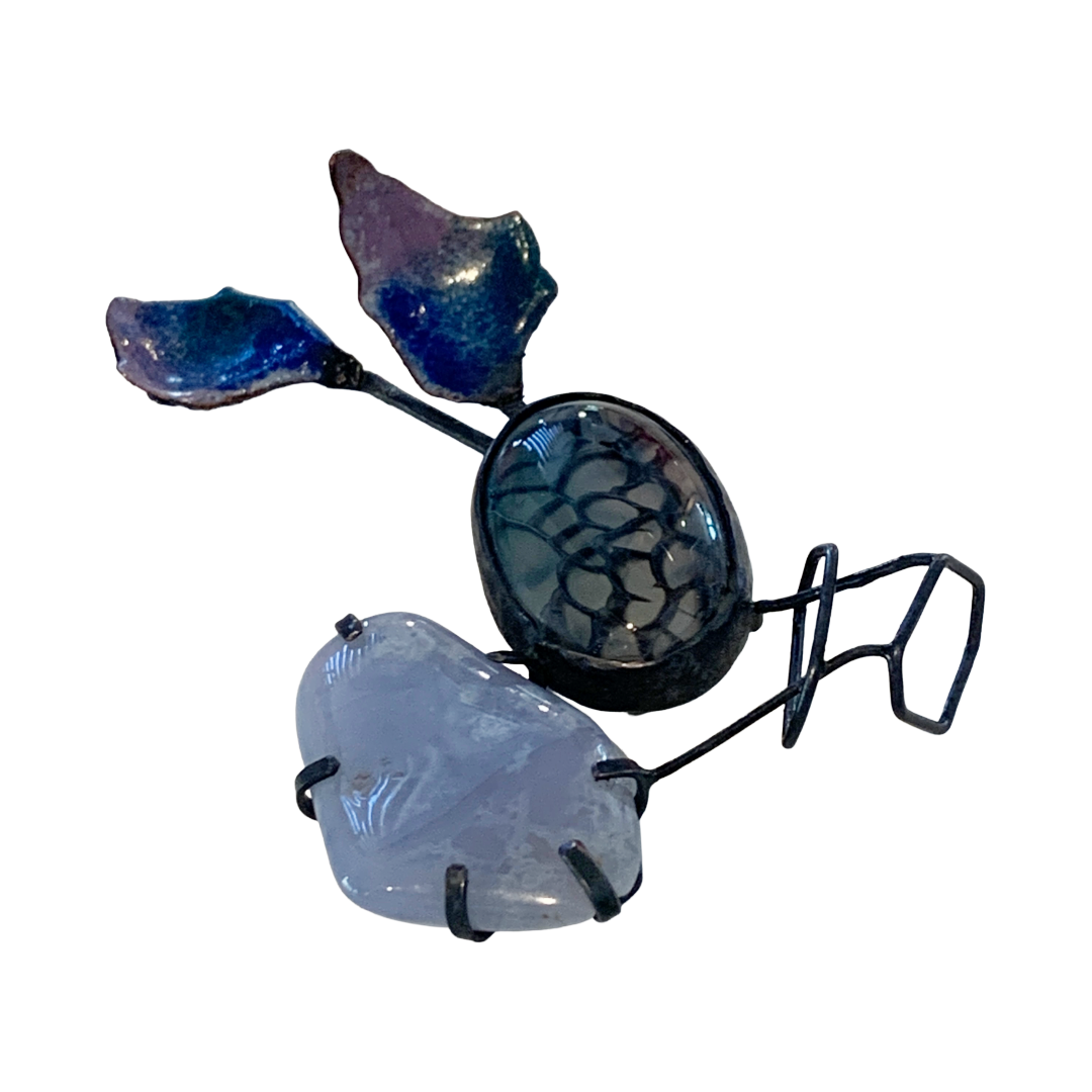 LOIS HAYES | ‘Constructed Brooch’ | blue lace agate + dragon vein agate | enamel on copper / oxidised sterling silver