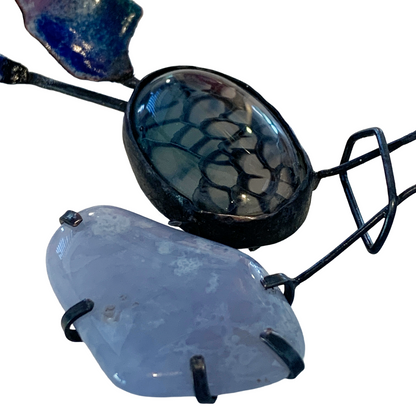 LOIS HAYES | ‘Constructed Brooch’ | blue lace agate + dragon vein agate | enamel on copper / oxidised sterling silver