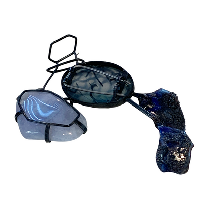 LOIS HAYES | ‘Constructed Brooch’ | blue lace agate + dragon vein agate | enamel on copper / oxidised sterling silver