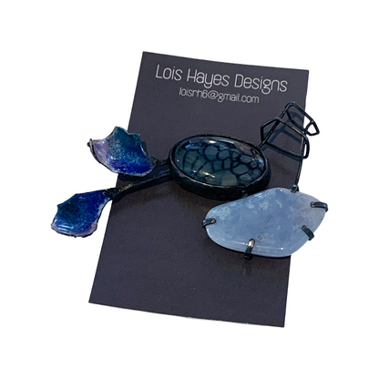 LOIS HAYES | ‘Constructed Brooch’ | blue lace agate + dragon vein agate | enamel on copper / oxidised sterling silver