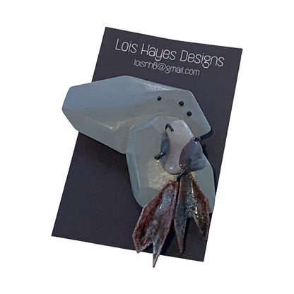 LOIS HAYES | ‘Wing Brooch’ Geometric Grey | hand painted wood | enamel on copper / banded agate