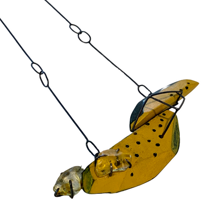 LOIS HAYES | ‘Geometric Neckpiece’ – Yellow / Green | hand painted wood | oxidized sterling silver / raw citrine