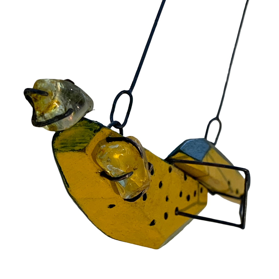 LOIS HAYES | ‘Geometric Neckpiece’ – Yellow / Green | hand painted wood | oxidized sterling silver / raw citrine