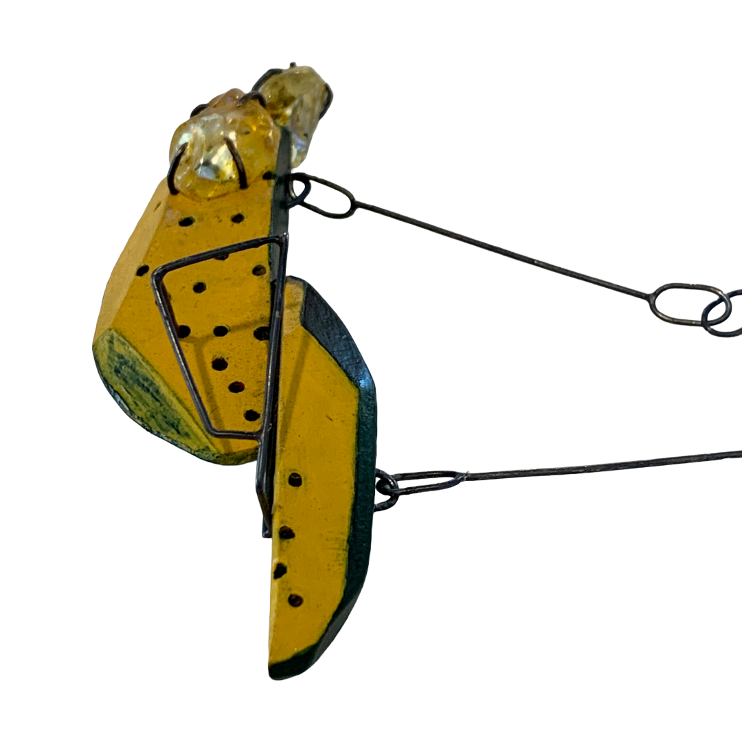 LOIS HAYES | ‘Geometric Neckpiece’ – Yellow / Green | hand painted wood | oxidized sterling silver / raw citrine