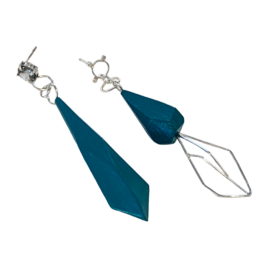 LOIS HAYES | ‘Geometric Earrings’- Turquoise | hand painted wood / sterling silver | nanosital carbon gem
