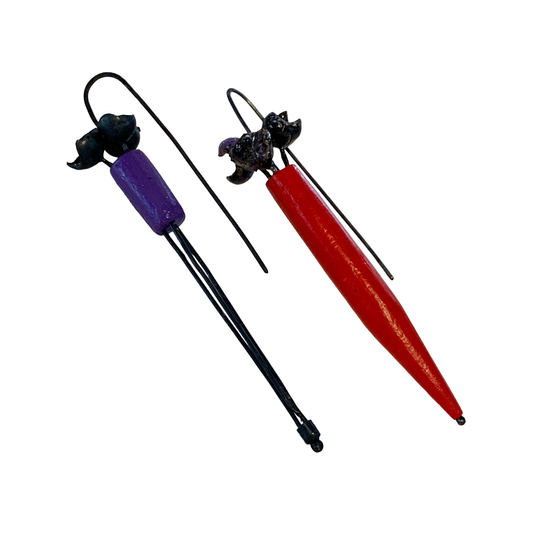 LOIS HAYES | ‘Bromeliad Earrings’- Red / Purple | hand painted wood / oxidized sterling silver | enamel on copper