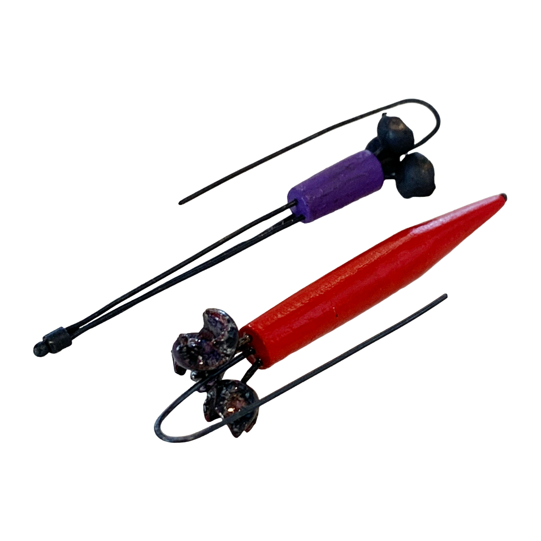 LOIS HAYES | ‘Bromeliad Earrings’- Red / Purple | hand painted wood / oxidized sterling silver | enamel on copper