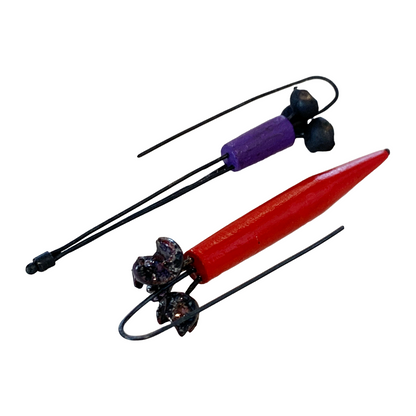 LOIS HAYES | ‘Bromeliad Earrings’- Red / Purple | hand painted wood / oxidized sterling silver | enamel on copper