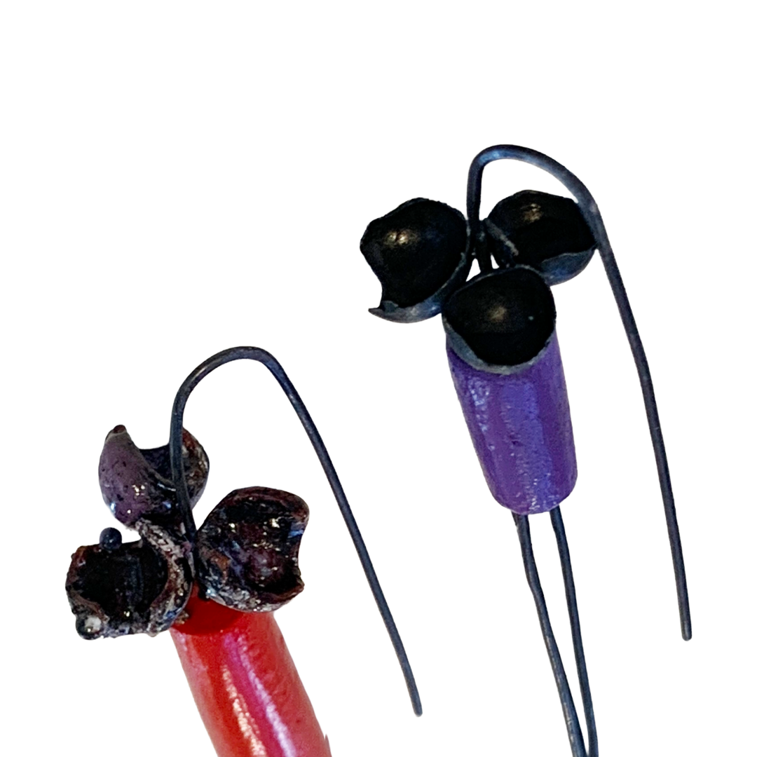 LOIS HAYES | ‘Bromeliad Earrings’- Red / Purple | hand painted wood / oxidized sterling silver | enamel on copper