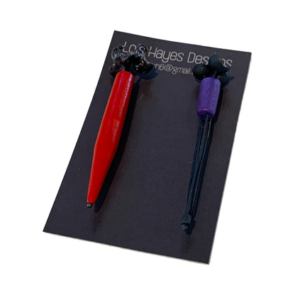 LOIS HAYES | ‘Bromeliad Earrings’- Red / Purple | hand painted wood / oxidized sterling silver | enamel on copper