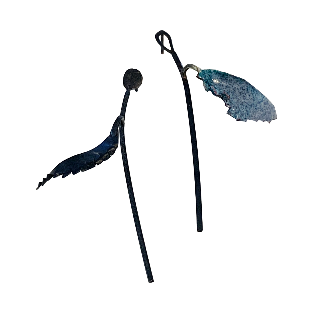 LOIS HAYES | ‘Wing Stem Studs’ | oxidized sterling silver | enamel on copper