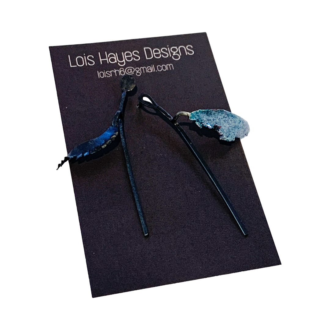 LOIS HAYES | ‘Wing Stem Studs’ | oxidized sterling silver | enamel on copper