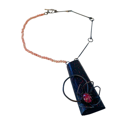 LOIS HAYES | ‘Flower Neckpiece’ | hand painted wood | oxidized sterling silver / natural untreated ruby + rose quartz